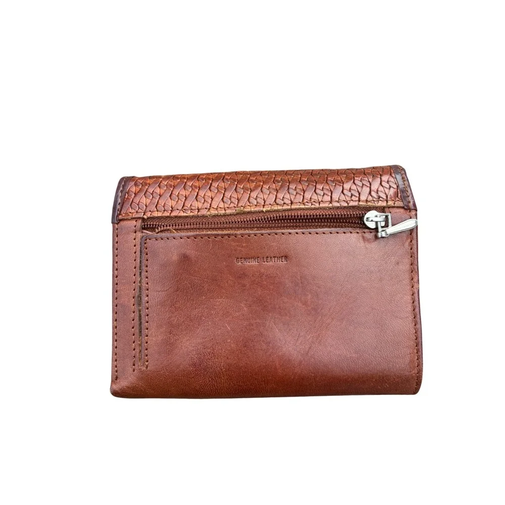 Fossil Brown Genuine Leather Woven Trifold Wallet Women Small Zip Pocket Snap